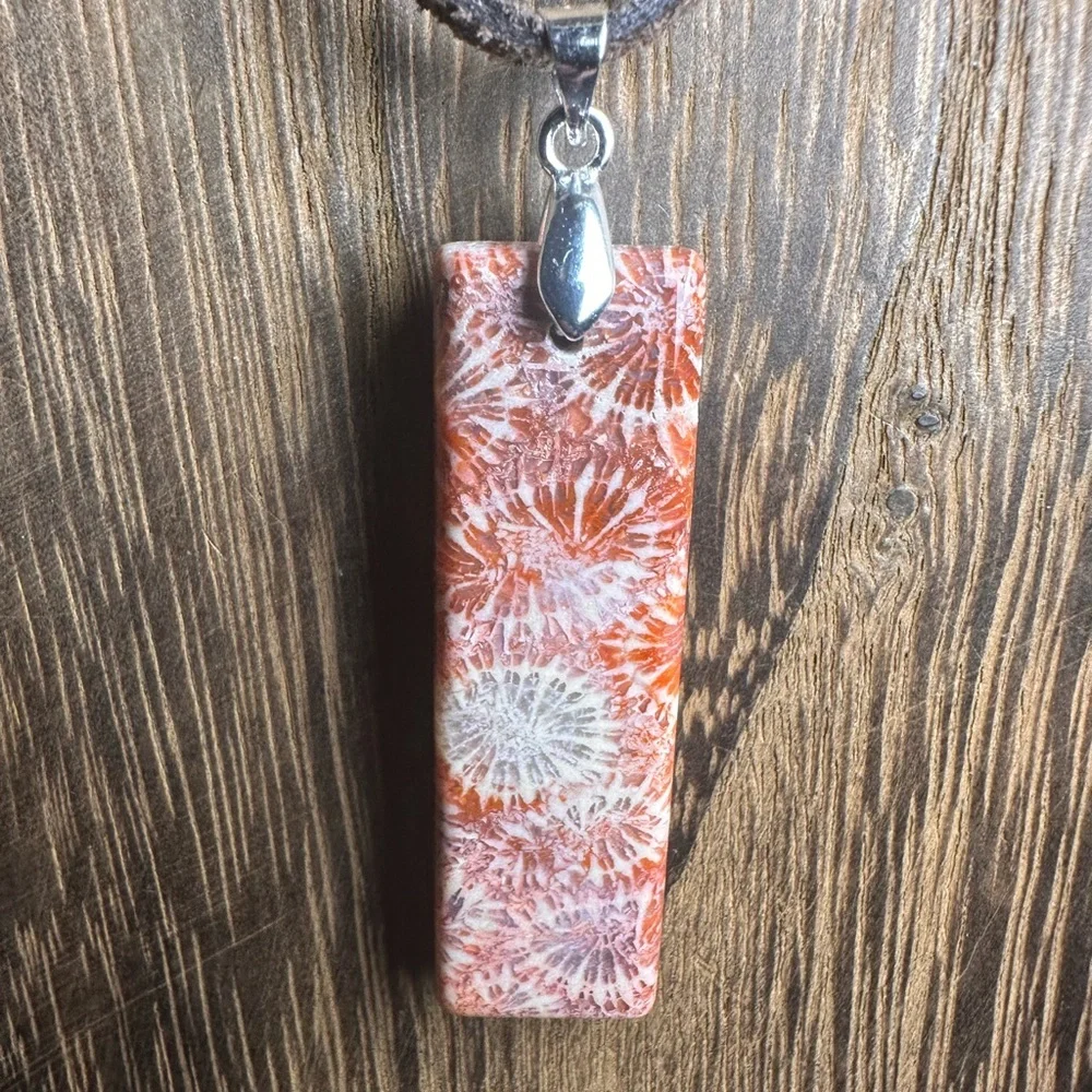 Dark Orange Coral Fossil Thin Rectangle Pendant Necklace on Brown Suede - Picture 6 of 13